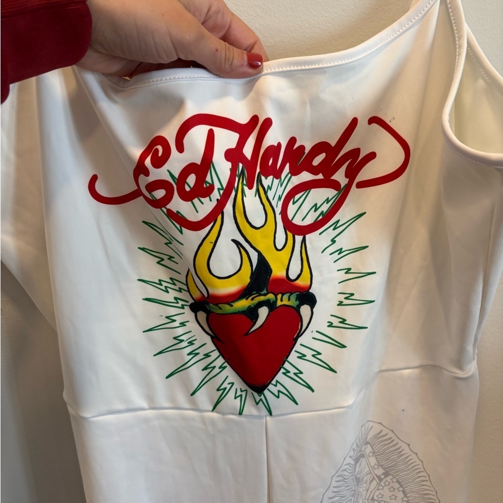 ED HARDY 2x NWT sacred heart graphic covered jumpsuit skin tight white - Picture 8 of 16